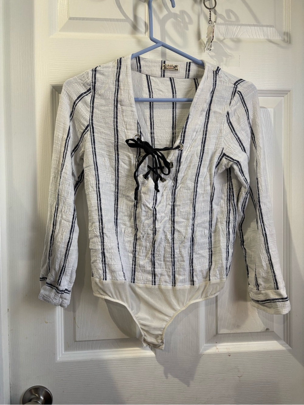 Free People White and Navy Striped Lace-Up Long Sleeve Bodysuit